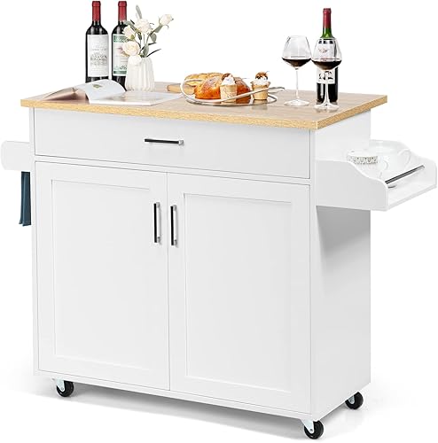 COSTWAY Carrito de isla de cocina carrito de almacenamiento rodante con ruedas de goma bloqueables gabinete grande cajón estante de especias y