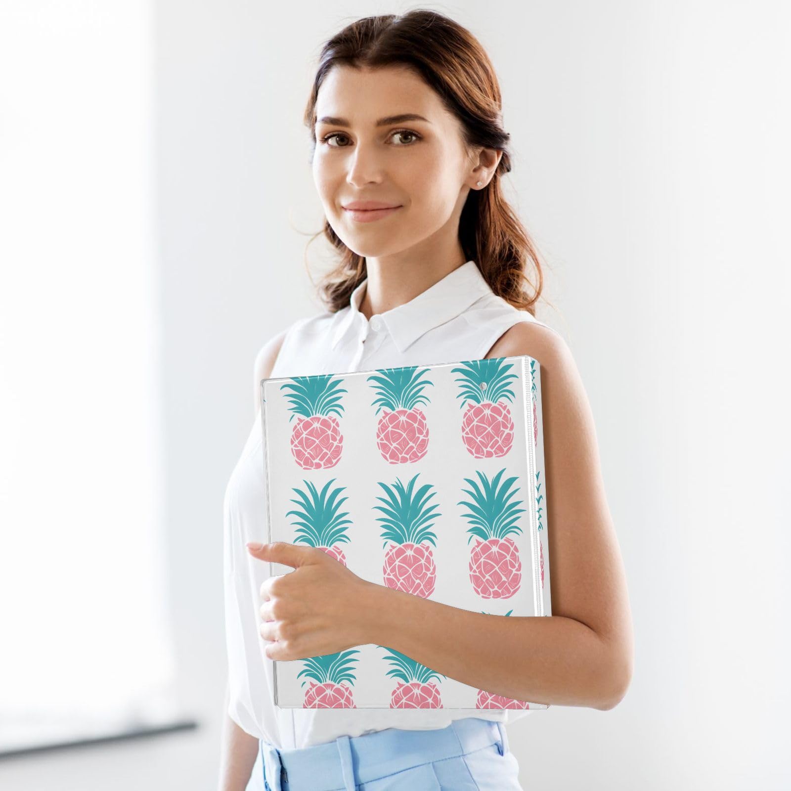 Confezione da 2 raccoglitori a 3 anelli, stampa ananas rosa, 3,8 cm, con 3 tasche trasparenti, portablocco e contiene 200 fogli, per ufficio, scuola, organizzazione domestica
