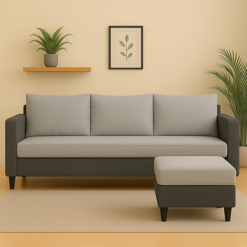 FURNY Conva Fabric 4 Seater Convertiable L Shape Sofa Set 3 Seater Modern Sofa Set & Ottoman for Living Room (Light Grey-Dark Grey) with Velvet Fabric-picture-16