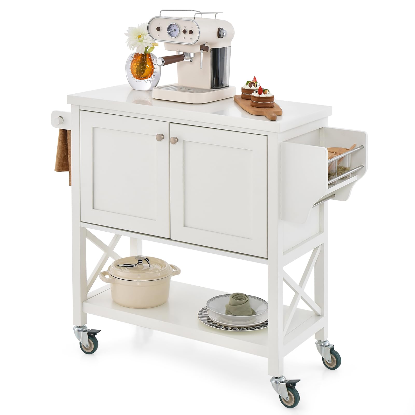 COSTWAY Carrito de Cocina Móvil, Carro de Isla con Gabinete de Almacenamiento, Carro Rodante con Toallero y Especiero, Mueble Auxiliar de Cocina con Ruedas y 2 Puertas para Cocina, Bar y Comedor