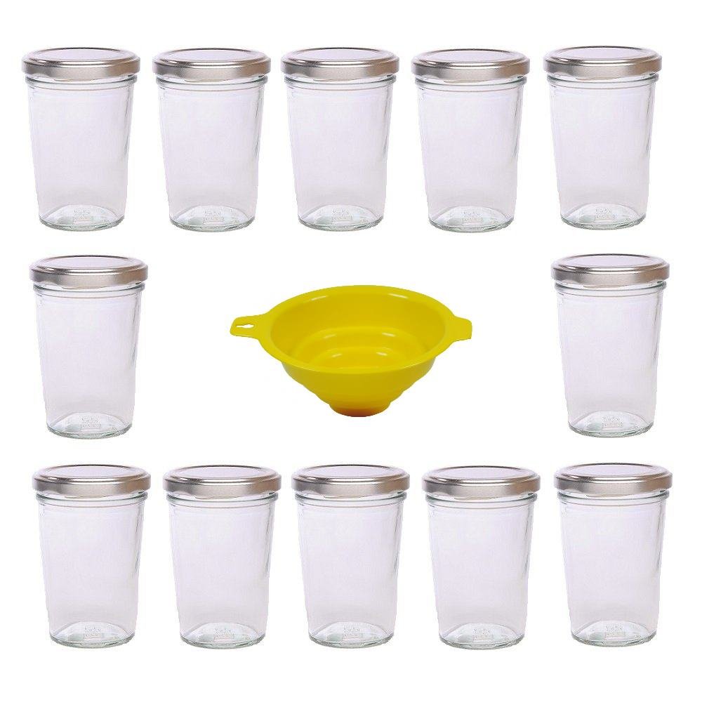 Viva Haushaltswaren Set of 12 Jam Jars 150 ml with Silver Lid for Jams Chutneys Pastes etc Including Yellow Funnel