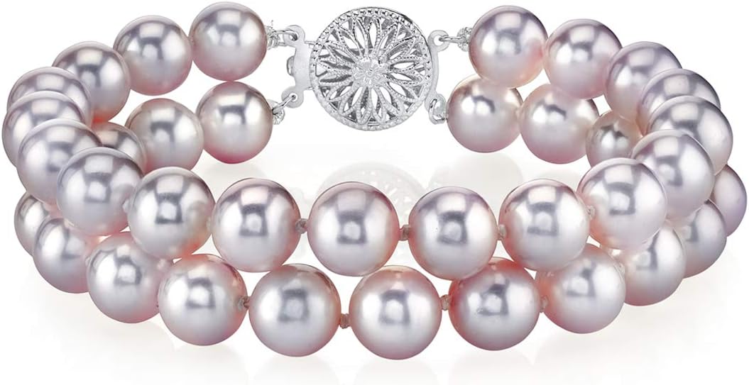 The Pearl Source Sterling Silver 6-7mm AAA Quality Round Pink Freshwater Cultured Pearl Double Strand Bracelet for Women