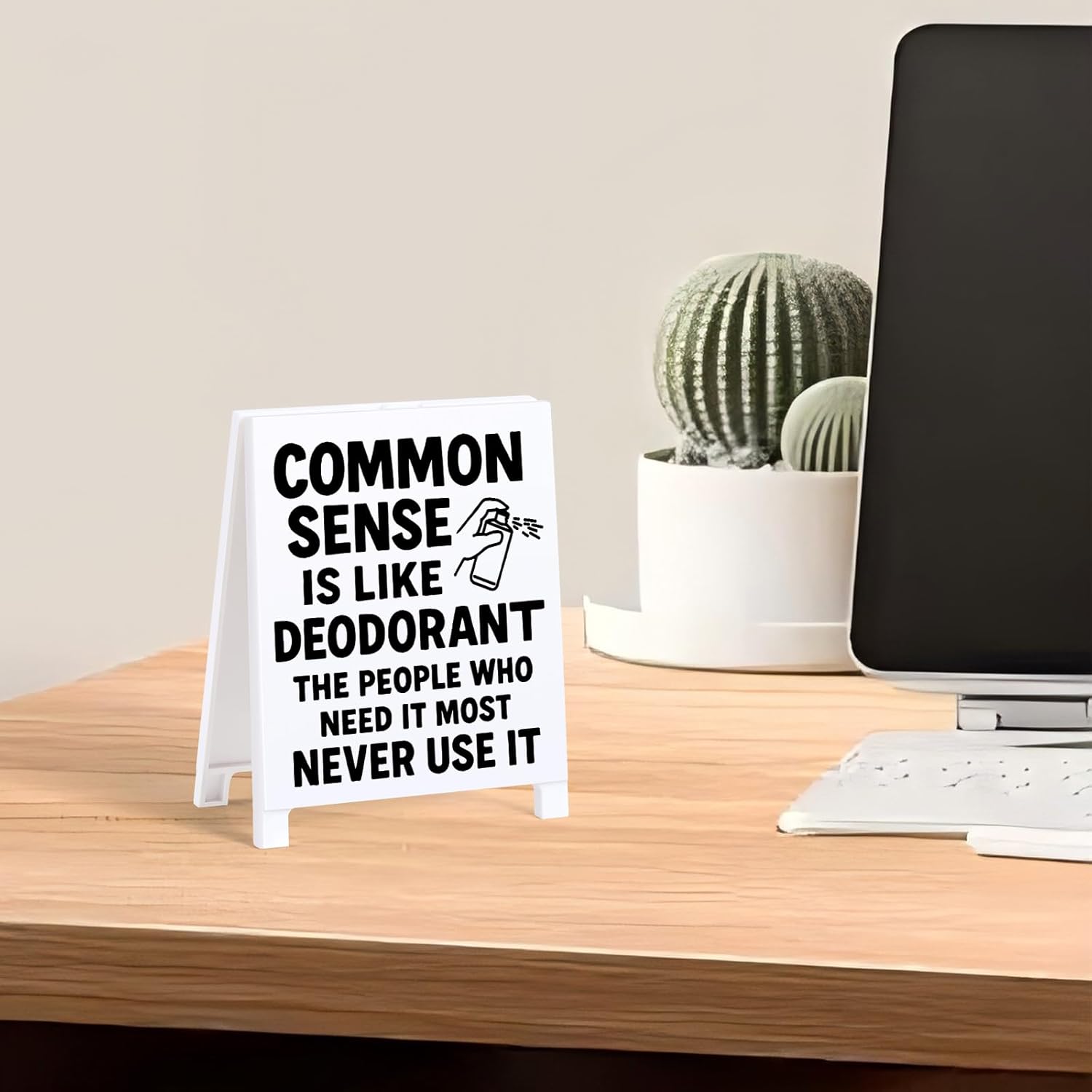 Funny Office Decor Coworker Gifts Satirical Desk Decor Funny Desk Signs Team Gag Gifts for Employees Boss Sarcastic Office Decorations Supplies Common Sense Is Like Deodorant White Elephant Gift - Image 5