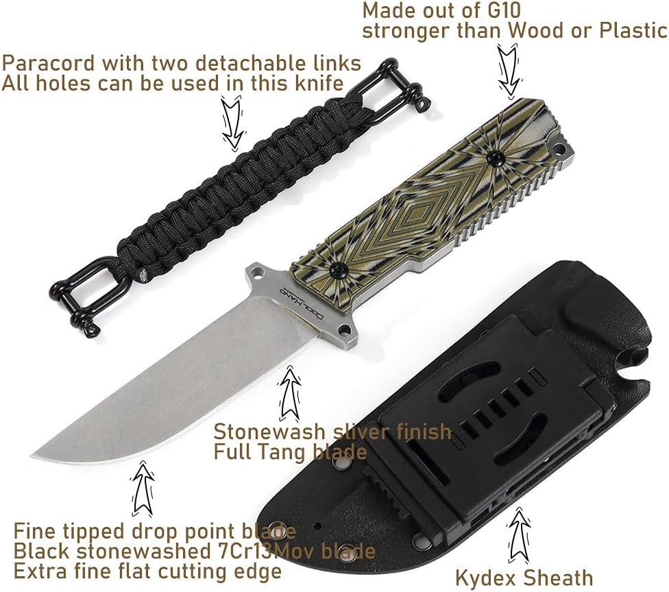 Cool Hand 3/8" Thick Beast Survival Hunting Knife - Fixed Blade with 440C Stainless Steel, Includes Kydex Sheath, Belt Clip, and Paracord Attachment