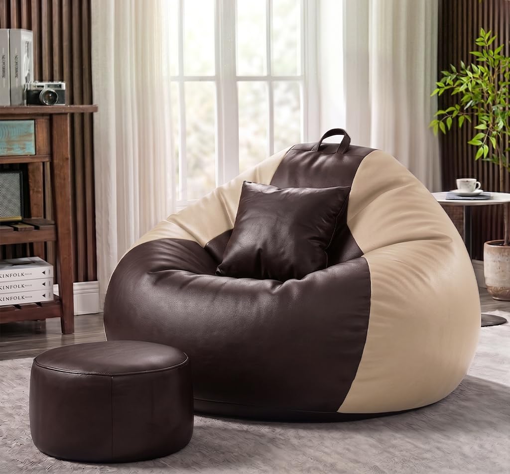 Sattva Classic 4XL Bean Bag Chair with Beans Filled, Footstool & Cushion | Faux Leather Sofa Style Bin Bag | Pre-filled Large Beam Bag & Comfortable Beans Bag for Adults, Home & Office (Brown & Cream)-picture-31