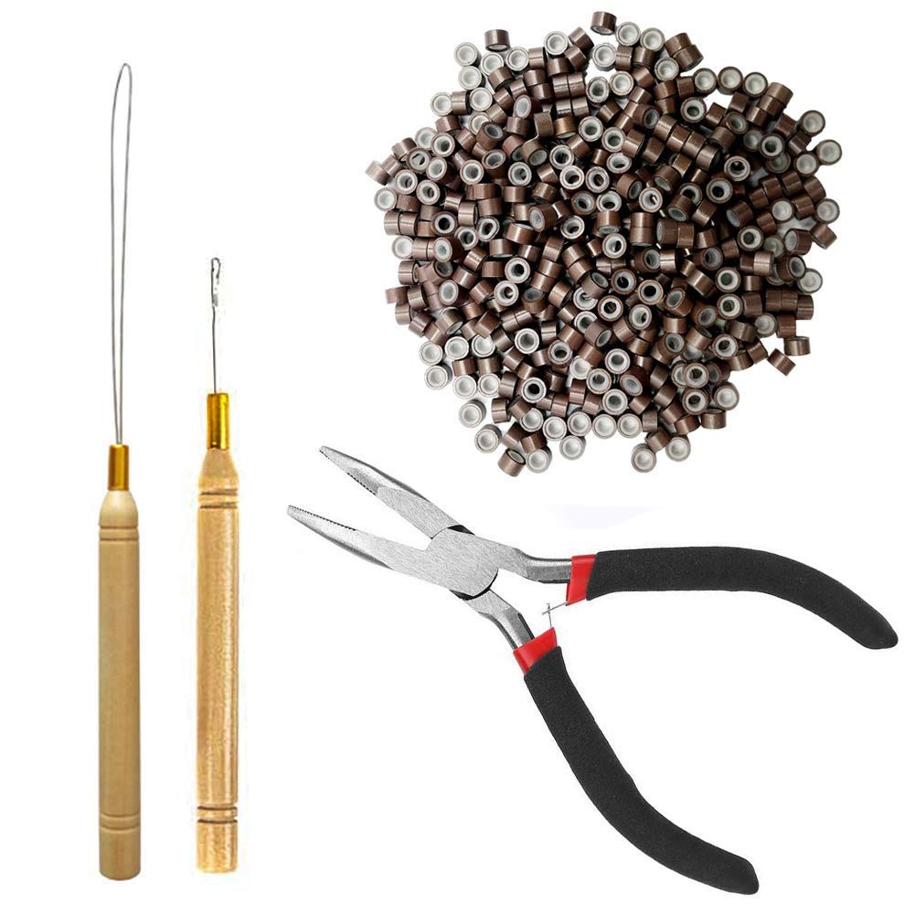 Grneric Silicone Lined Micro Rings Bead Hair Extension Tool Kit Pliers Pulling Hook, 500 Pieces (Brown)