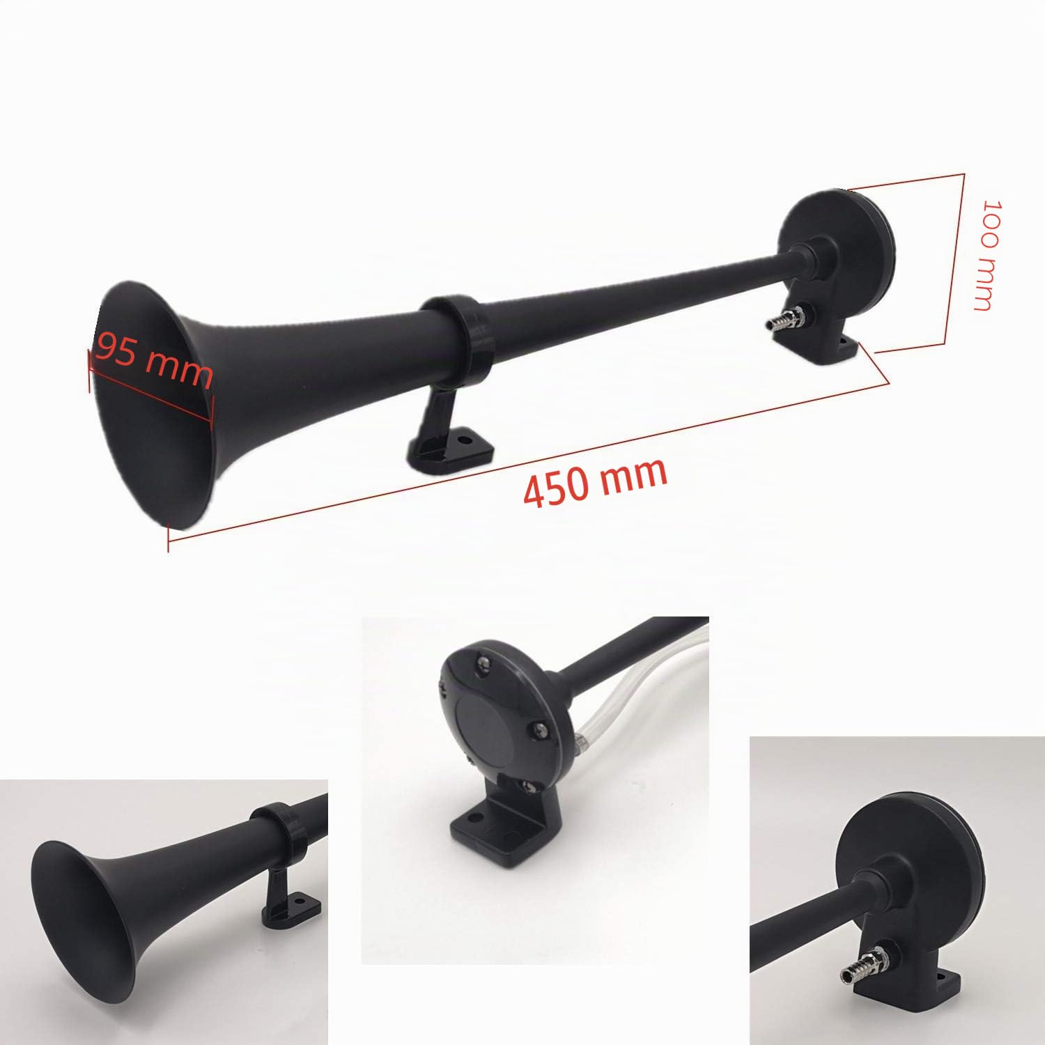 Klaxon de voiture air horn 150dB Président haut-parleur 450mm Corne de l'air chrome zinc noir simple trompette avec compresseur pompe à air pour tout véhicule 12 V camion bateau SUV moto etc