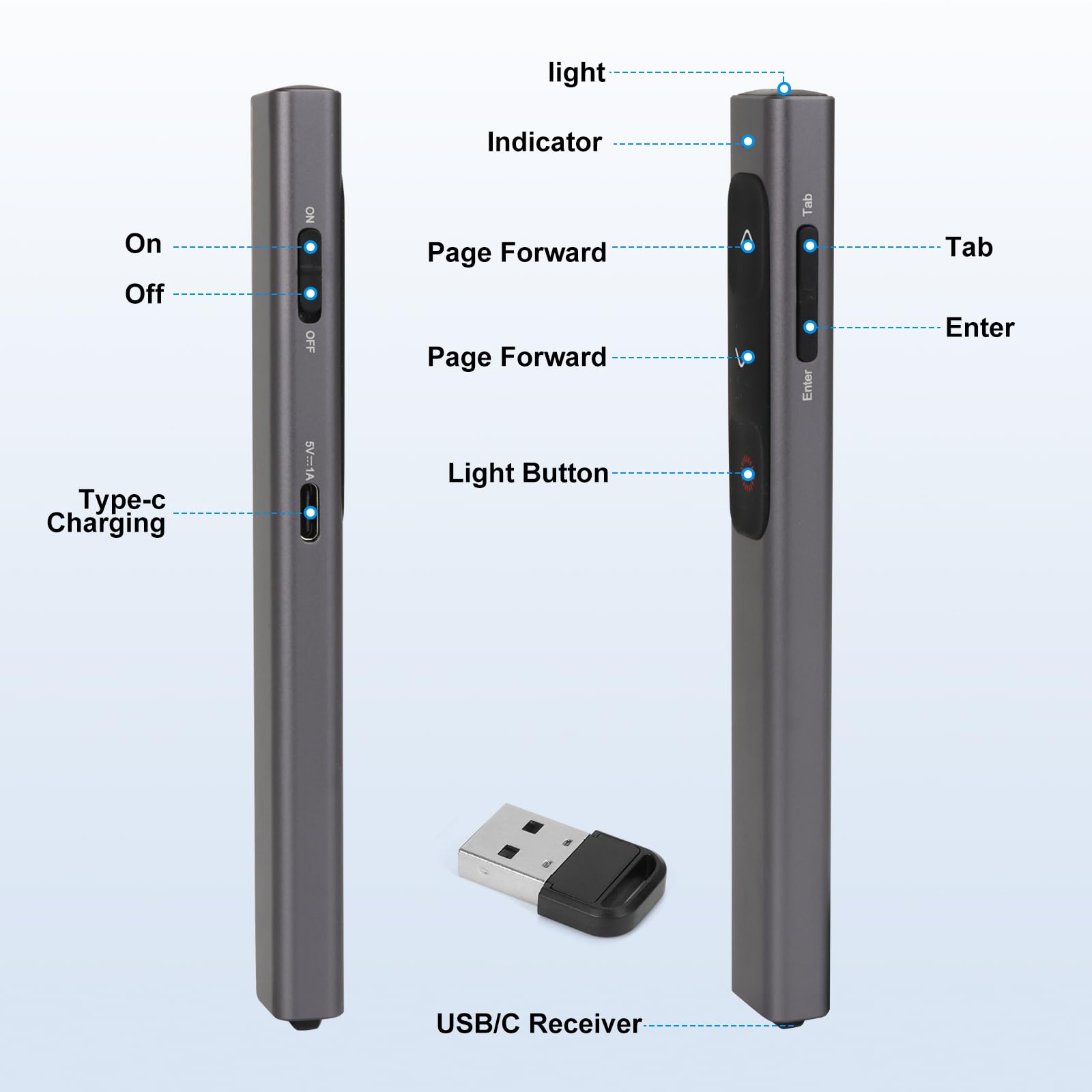 M Monoie Presentation Clicker with Red Laser, PowerPoint Clicker for Presentation Remote Control, Long Distance Wireless Presentation Clicker, Type-C Rechargeable Laser Pointer (Gray Pen/Red/USB port)