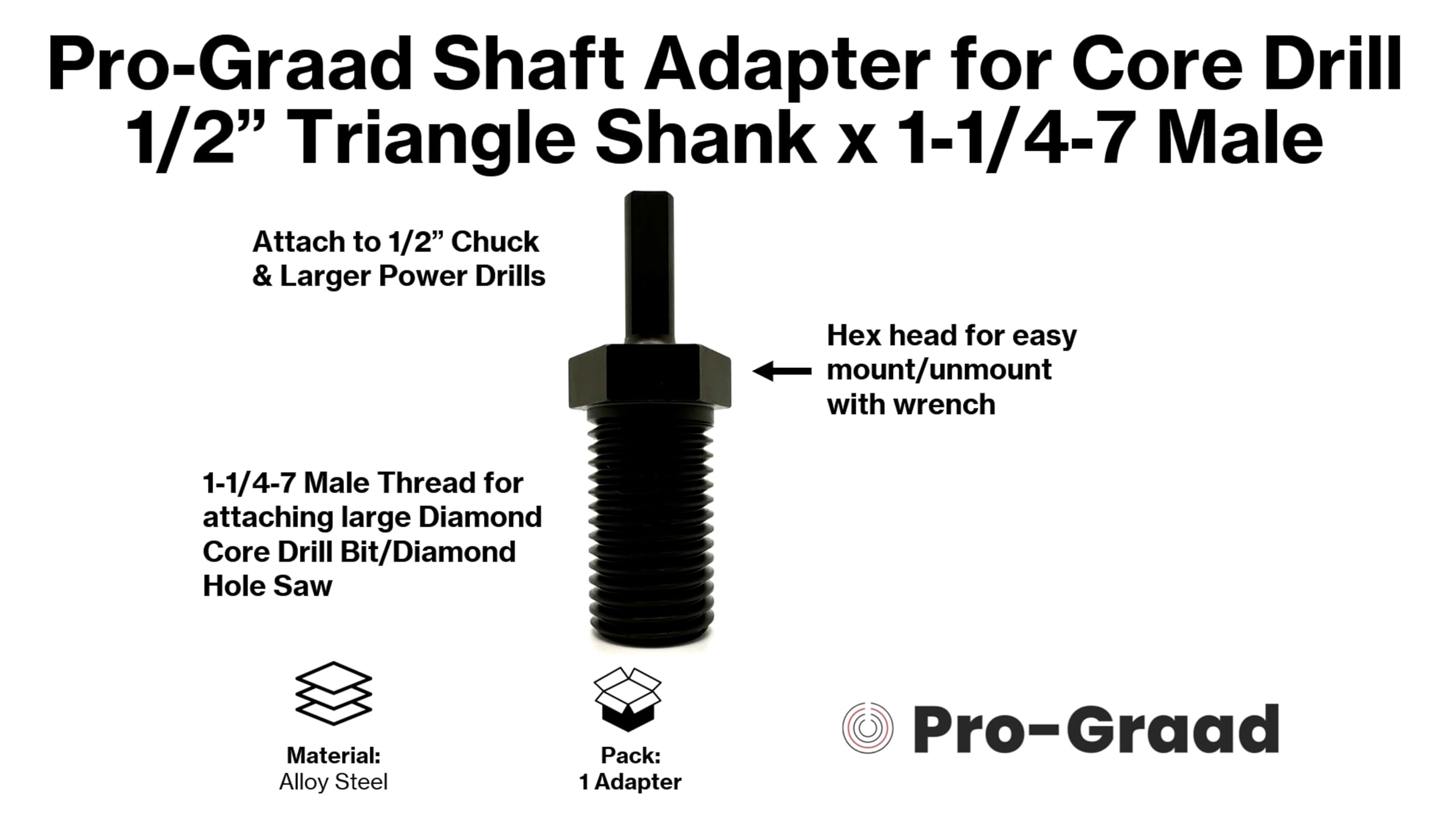 Pro-Graad Core Drill Bit Adapter for Threaded Diamond Hole Saw Core Drill Bit
