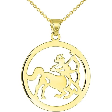 Solid 14k Yellow Gold Round Sagittarius Zodiac Sign Cut-Out Disc Pendant Necklace