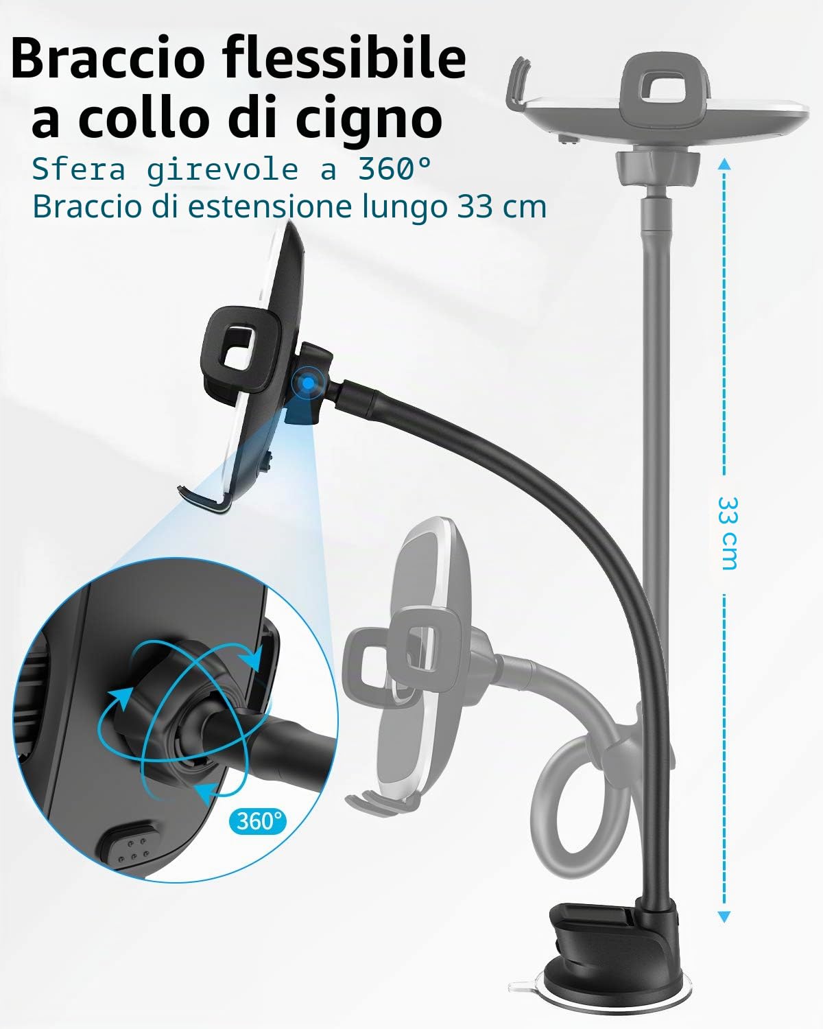 APPS2Car Supporto per telefono per parabrezza auto, braccio lungo flessibile da 13 pollici con collo d'oca, base di aspirazione per telefono e cruscotto per furgoni e camion