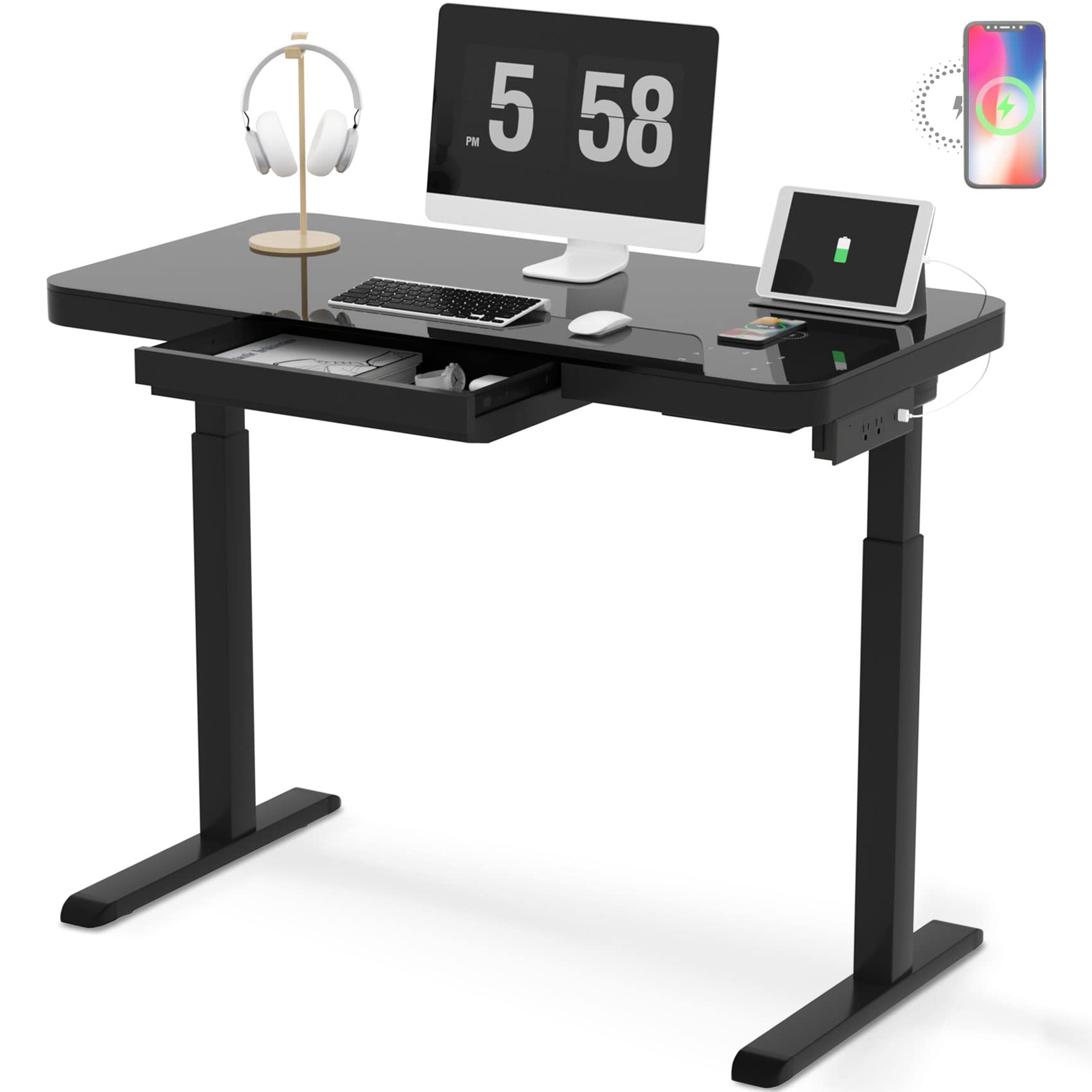 Amazon Com Haiaojia Glass Standing Desk With Drawer 45 X 23 Inch Tempered Glass Top Dual Motor Electric Height Adjustable Sit Stand Desk Computer Workstation With Usb Wireless Charging Power Strip Black Office
