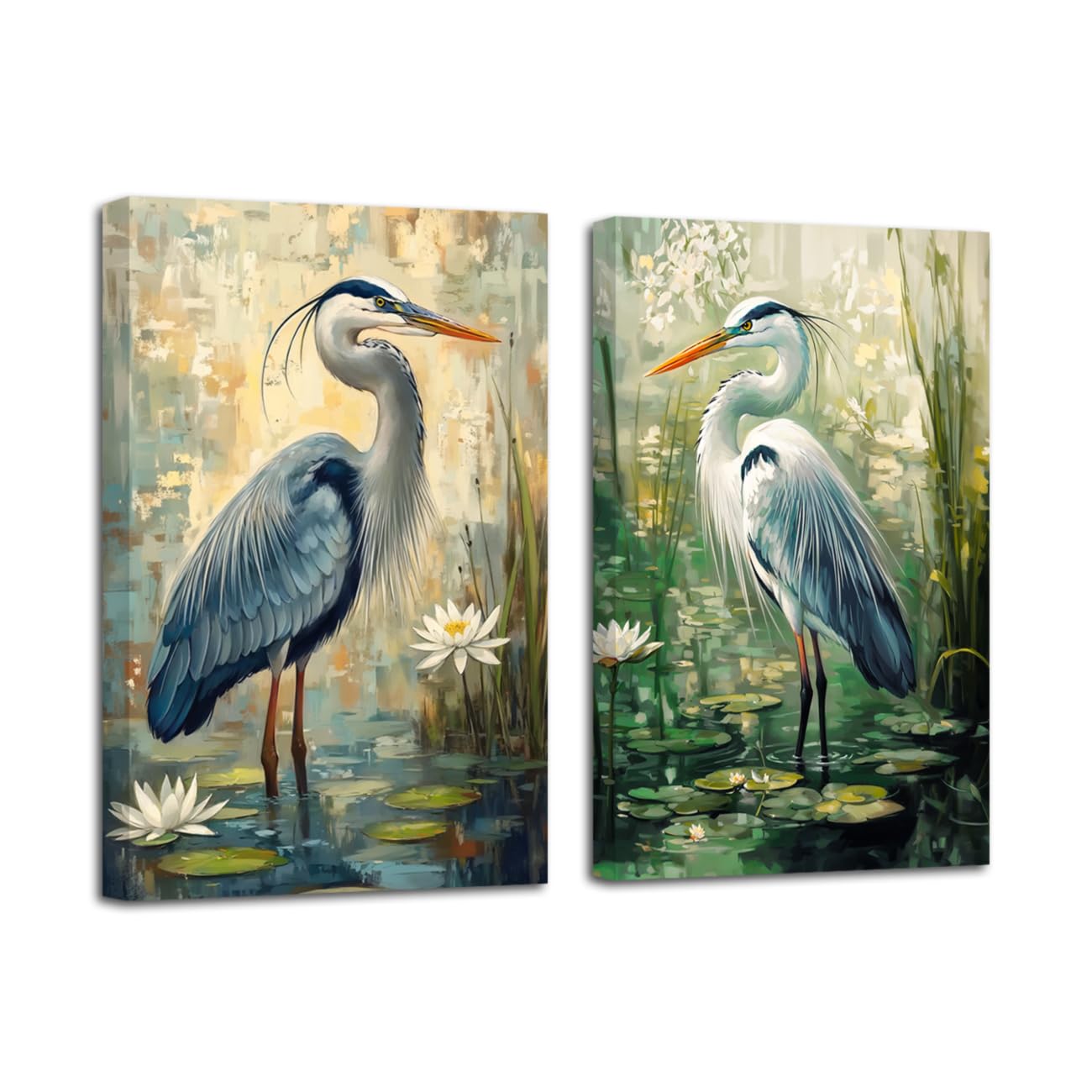 LZIMU Heron Wall Art 2 Pieces Crane with Reed Canvas Prints Coastal Bird Pictures Heron on Beach Painting Ocean Seaside Artwork Bathroom Decor Framed (Brown, 24x36inchx2 Pieces)