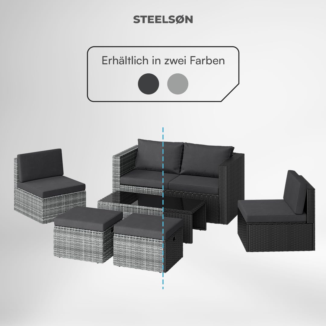 STEELSØN Noctura Rattan Gartenmöbel Set 6-TLG. – Gartenlounge mit Sofa, Sessel, Tisch & Hocker – Sitzgruppe Outdoor schwarz/anthrazit Garten/Balkon/Terasse – Sitzgarnitur Set Metallgestell wetterfest