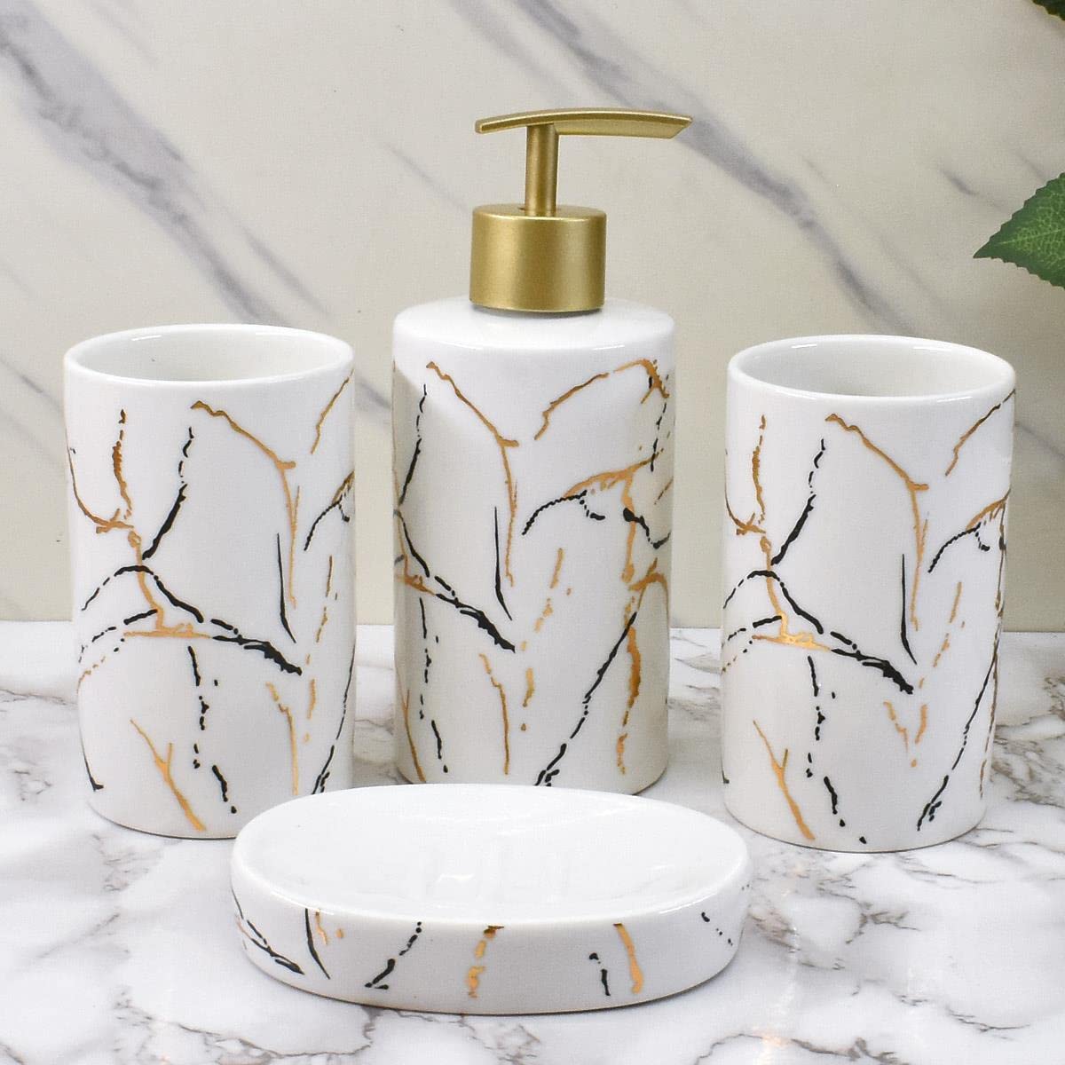 Kookee Ceramic Bathroom Set – Stylish 4 Piece Bath Accessories Kit with Soap Dispenser, Toothbrush Holder, Tumbler & Soap Dish – Modern & Designer Decor for Home & Guest Bathrooms, White/Gold (9741)