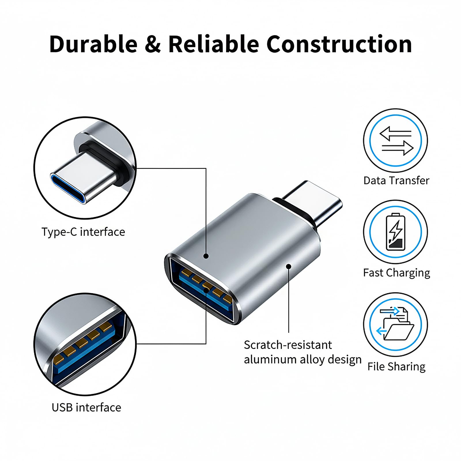 TreeTribe 2 Pack USB C to USB Adapter, Aluminum OTG Converter USB-C to USB Female Adaptor Compatible with MacBook Pro,Galaxy Type-C Smartphone and Tablet (Gray) — view 3