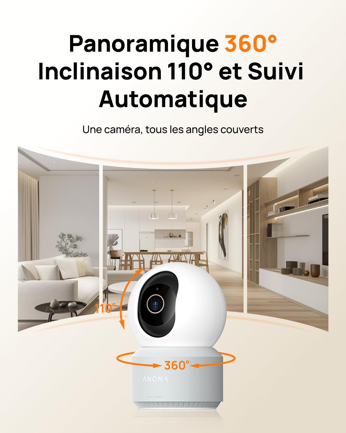 Anona 4K(8MP) Caméra Surveillance WiFi Intérieur, 360° Suivi Auto, Sécurité Bébé/Chien/Animaux avec App, WiFi 6 Bi-Bande 2,4/5GHz, Détection IA Humaine/Pleurs, Mode Privé, Audio 2-Voies, Lot de 1