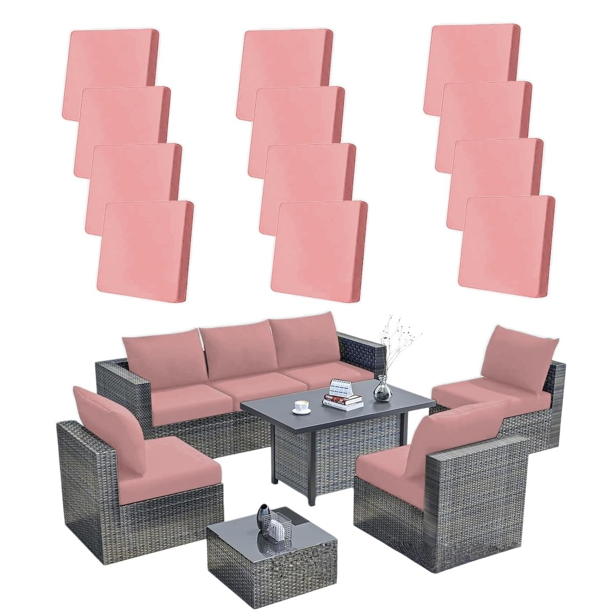 Hiseng 8/12/14 PCS Outdoor Cushion Covers Stretch Patio Cushion Covers Replacement Slipcovers Washable for Outdoor Sofa Cushions, Garden Furniture Set, Rattan Corner Sofa (Light Pink,12PCS)