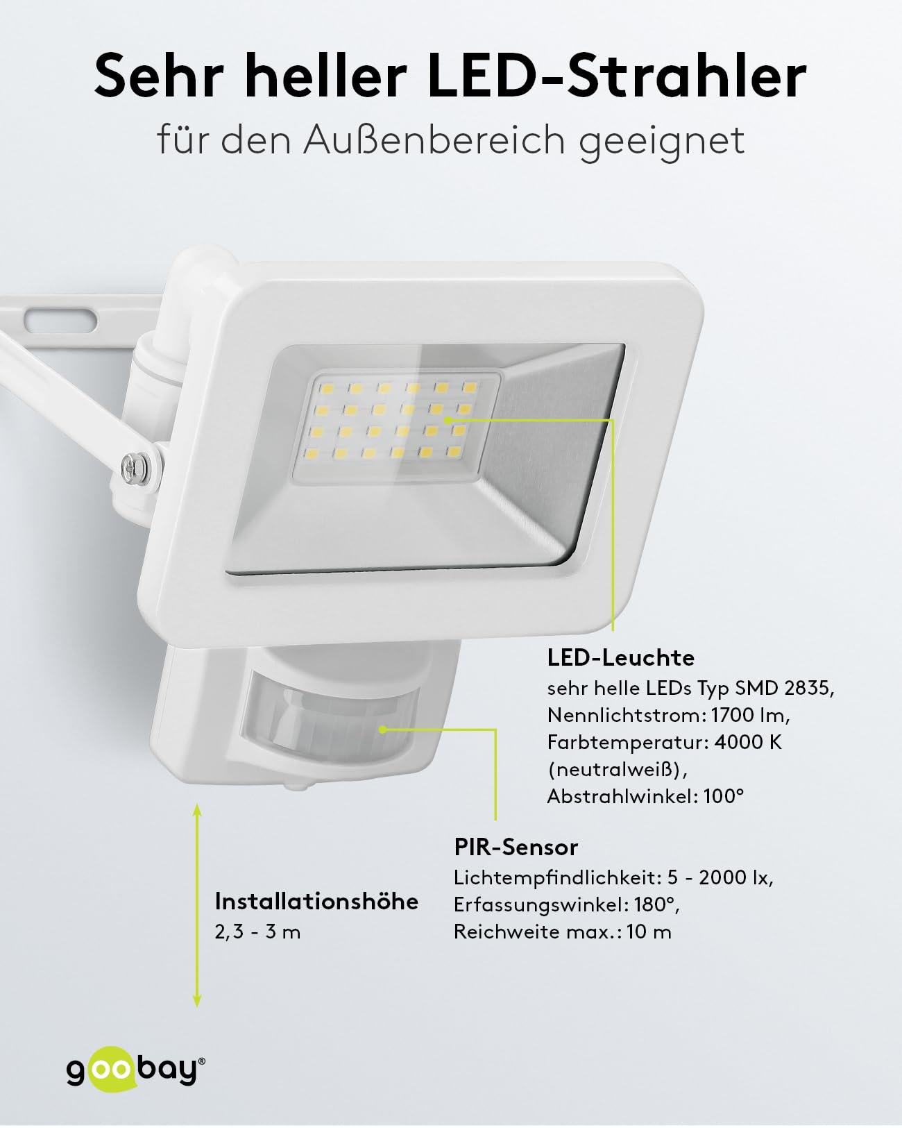 goobay 53880 LED reflektor z czujnikiem ruchu na zewnątrz 20 W/czujnik PIR reflektor zewnętrzny IP44 / neutralne białe światło 1700 lm/reflektor LED, montaż na ścianie, reflektor ogrodowy, biały