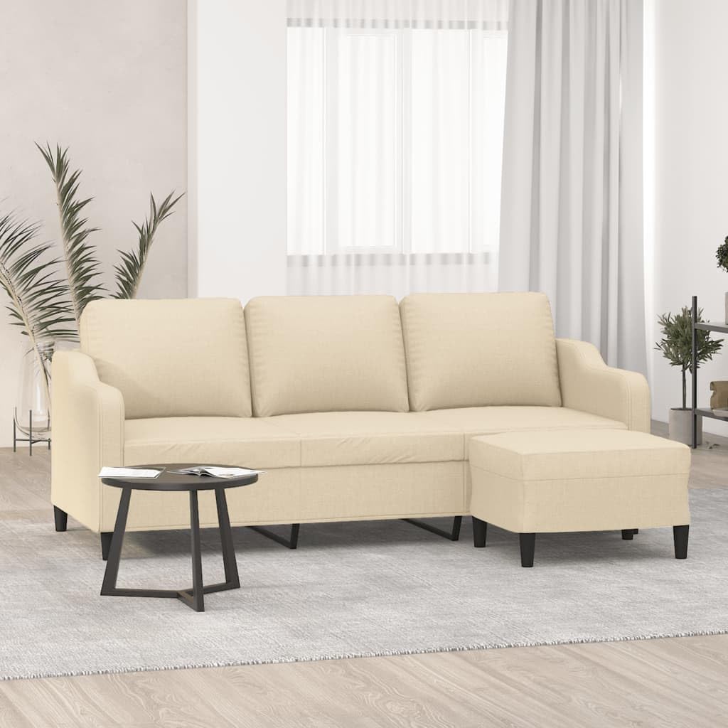 Divano a 3 posti con sgabello color crema, 198 cm, moderno divano imbottito in tessuto con struttura in metallo, comodo set da divano con poggiapiedi, per soggiorno e ufficio, larghezza
