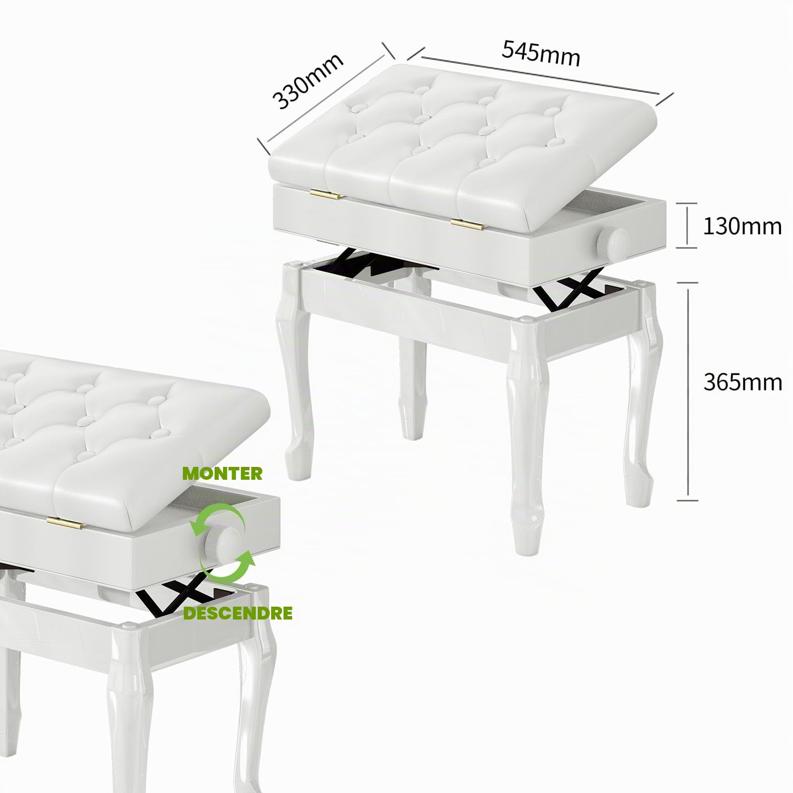 Banc de Piano,Banc Piano en Cuir PU épais à 10 Boutons, Tabouret Piano réglable en Hauteur à Pieds courbés en Bois Massif,Banquette Piano avec Compartiment de Rangement,Tabouret Piano Blanc