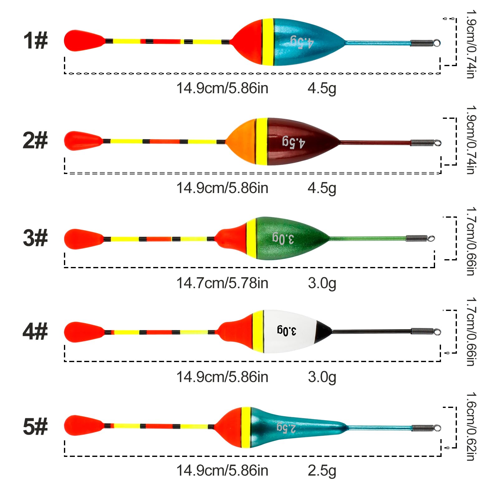 VIPMOON 10 Pièces Flotteurs de PêChe, Flotteurs ovales, Haute Sensibilité Flotteur Convient à la Plupart des Types de pêche. (0.6g/0.8g/1.2g/2.5g/3g/4.5g)