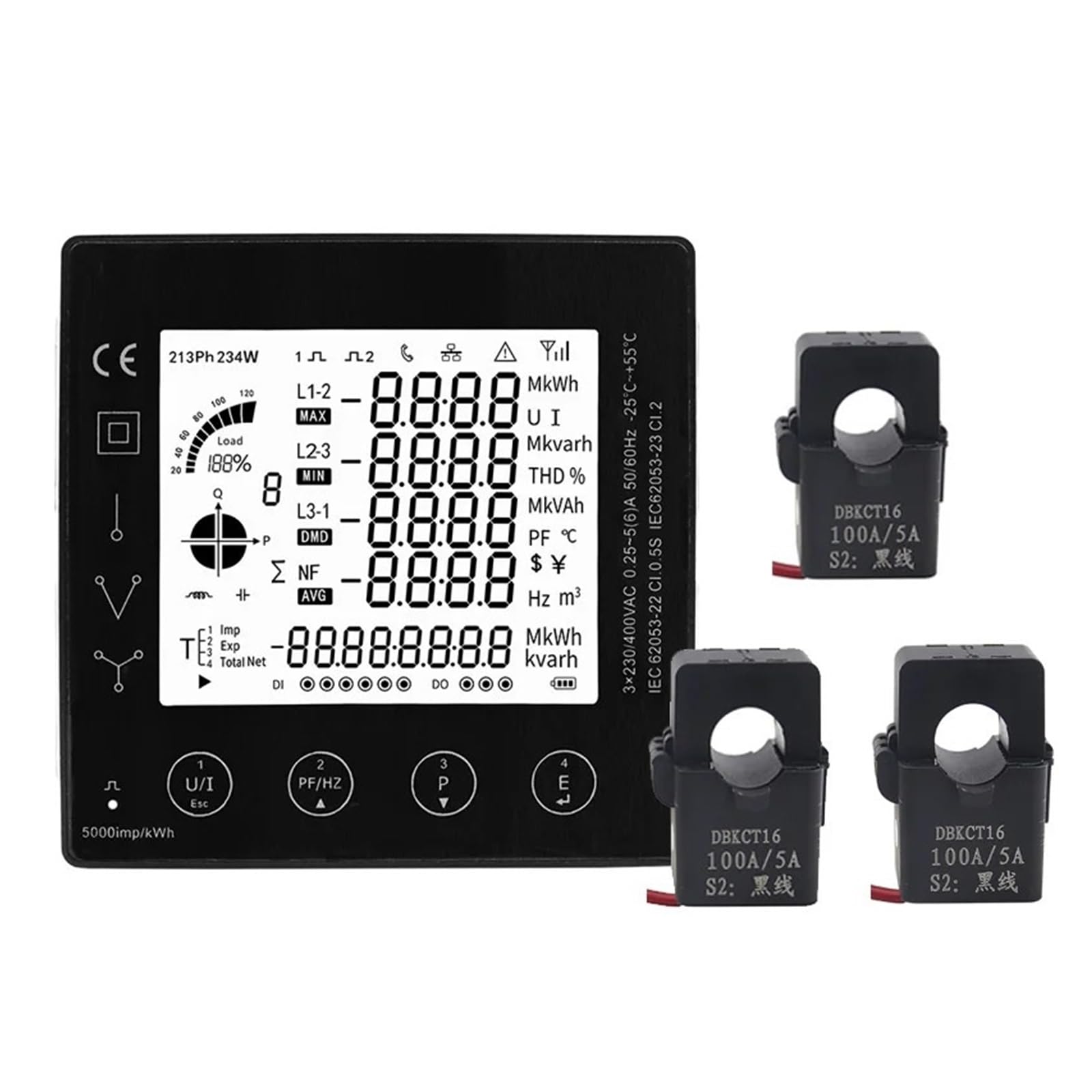 Medidor de energía Medidor de Consumo de energía trifásico Medidor de energía eléctrica Inteligente kwh con medidor de Panel CT 50/100/150/200A RS485 Modbus PAC5010 5110(Only Meter Pac5010)