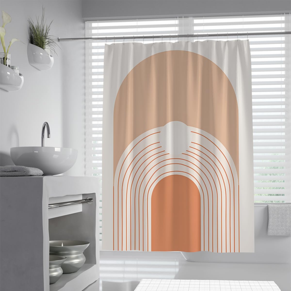 Uiringart Shower Curtains Terracotta Beige Geometric Rainbow W180xl200cm Abstract Minimalist Anti Mould Waterproof Bath Tub Curtain Decor With Hook