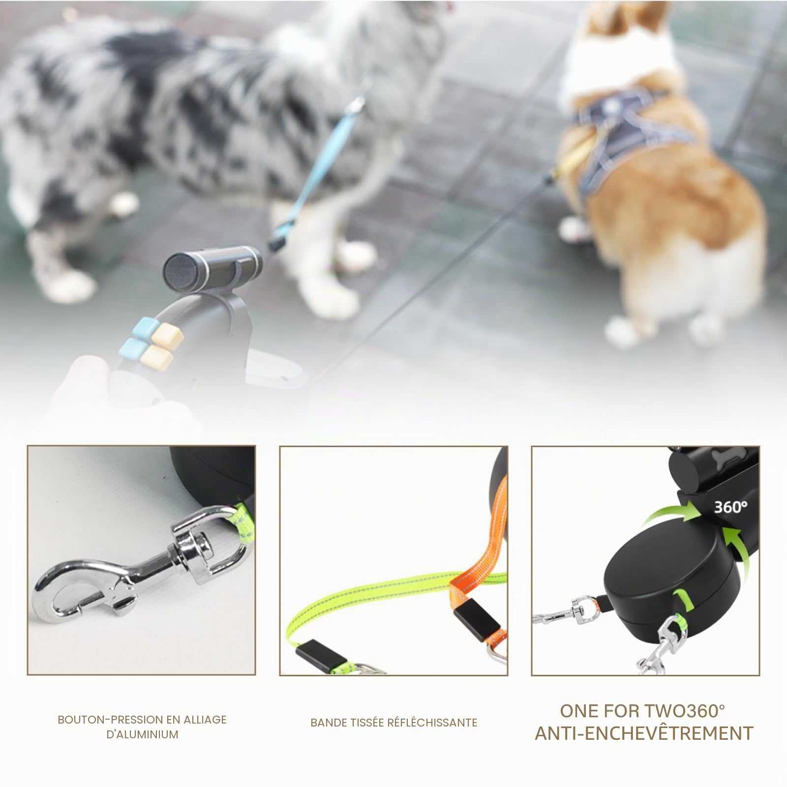 Laisse double rétractable pour chien, laisse enroulable avec lumière LED, laisse double extensible pour 2 chiens, laisse flexible 3M, poignée antidérapante, bouton de frein rapide pour chiens de