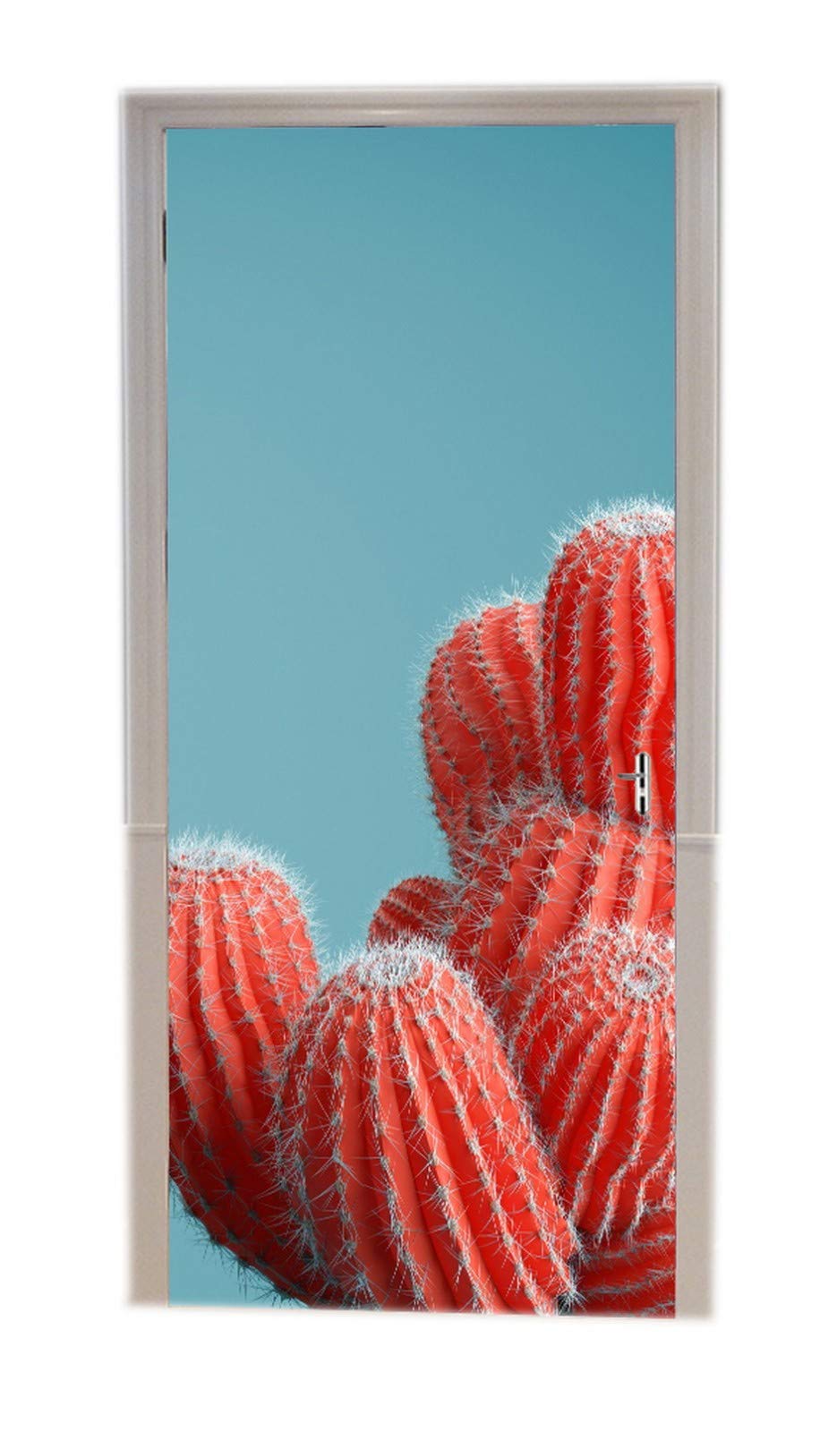 A.Monamour Pegatinas Decorativas de Puerta Autoadhesivo 3D Cactus De Color Coral Sobre Fondo Azul Pastel Vinilo para Puertas Mural PVC Pegatinas de Pared Foto Poster 90 x 200 cm