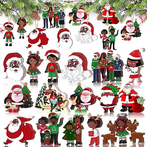 Kigley 48 Pcs Christmas African American Decorations Black Santa Claus Christmas Tree Ornaments Wood Vintage Rustic Hanging Decorations for Xmas Tree Farmhouse Yard Window (Santa and African)