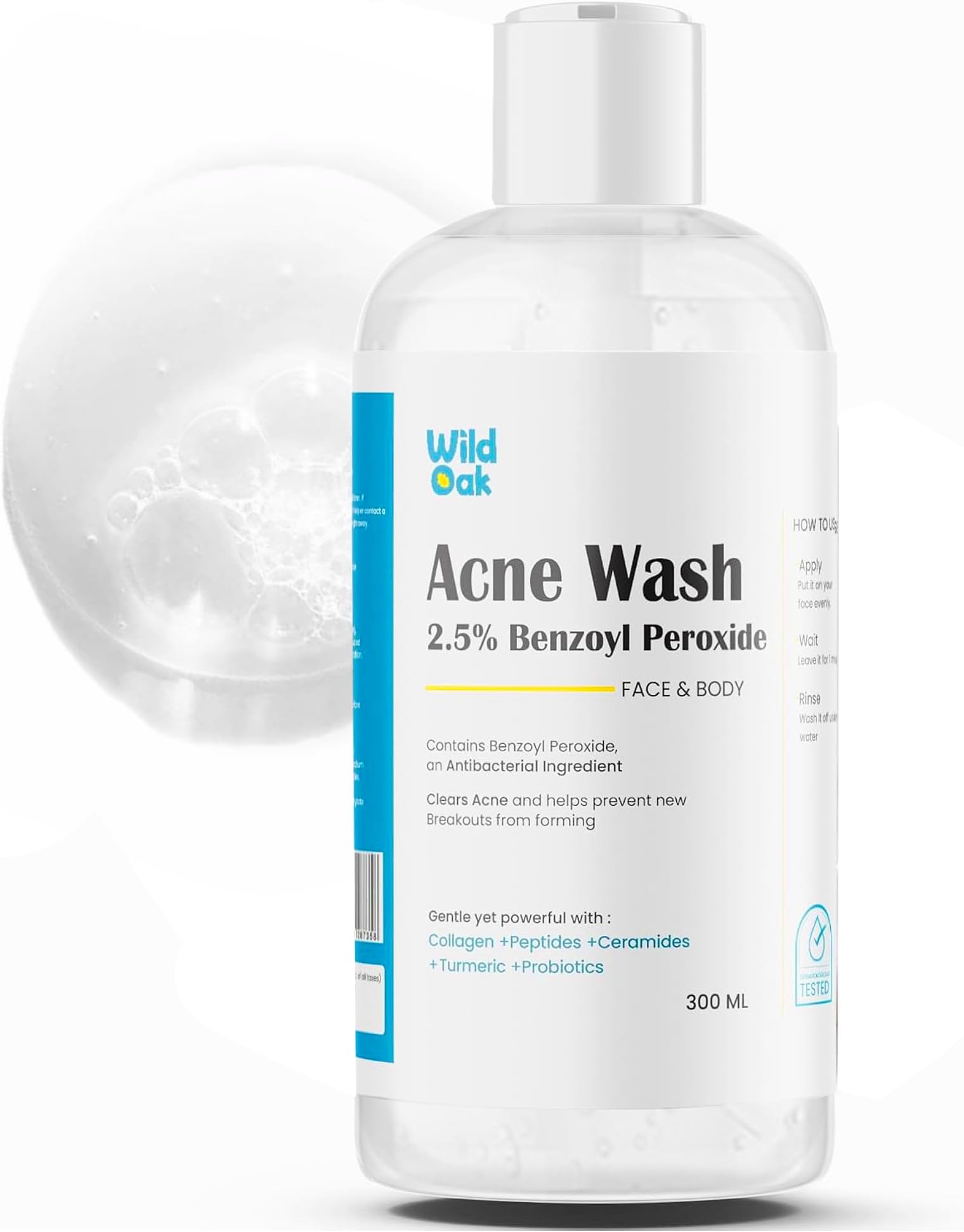 WildOak 2.5% Benzoyl Peroxide Acne Face Body Wash | 300ml | Kills 99.99% Acne Germs | Fights Severe Bacne | Unclogs Pores & Prevents Breakouts | Scientifically Proven Non-Drying Formula