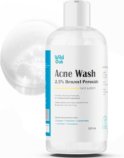 WildOak 2.5% Benzoyl Peroxide Acne Face Body Wash | 300ml | Kills 99.99% Acne Germs | Fights Severe Bacne | Unclogs Pores...