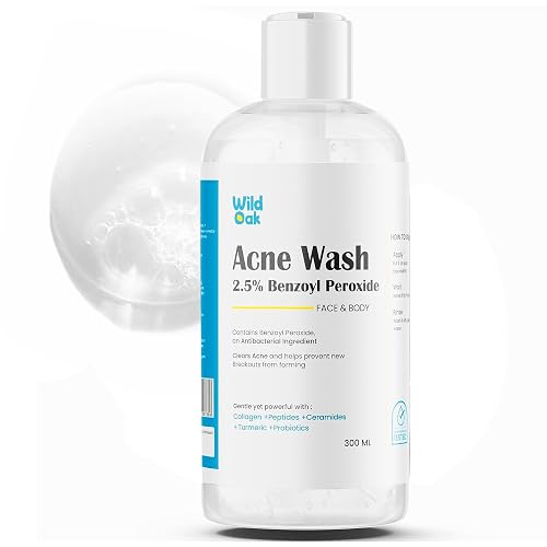 WildOak 2.5% Benzoyl Peroxide Acne Face Body Wash | 300ml | Kills 99.99% Acne Germs | Fights Severe Bacne | Unclogs Pores & Prevents Breakouts | Scientifically Proven Non-Drying Formula