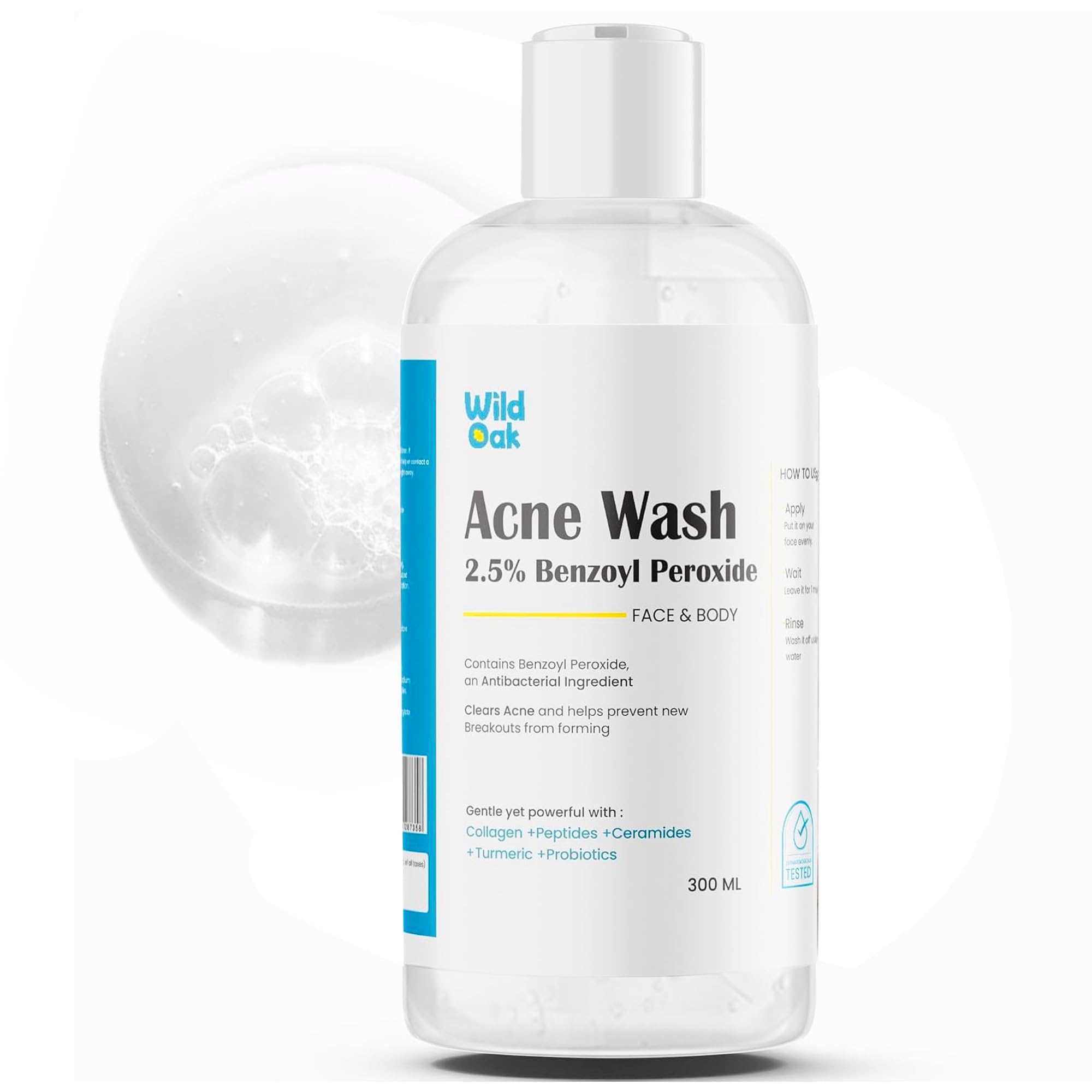WildOak 2.5% Benzoyl Peroxide Acne Face Body Wash | 300ml | Kills 99.99% Acne Germs | Fights Severe Bacne | Unclogs Pores & Prevents Breakouts | Scientifically Proven Non-Drying Formula