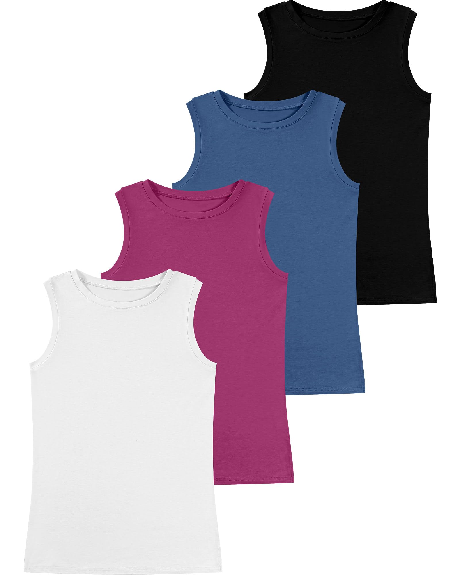 Ficerd 4 Pack Women's Sleeveless Tops, Casual Summer Loose Fit T Shirts Solid Color Tunic Tank Tops Ladies' Crew Neck Tee