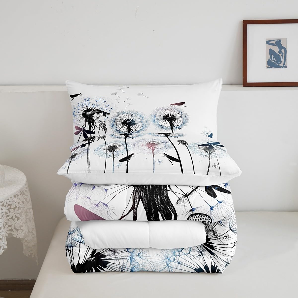 Full Size Comforter Set – Dandelion Flower Black White Abstract Print, Microfiber Bedding Set With 2 Pillowcases