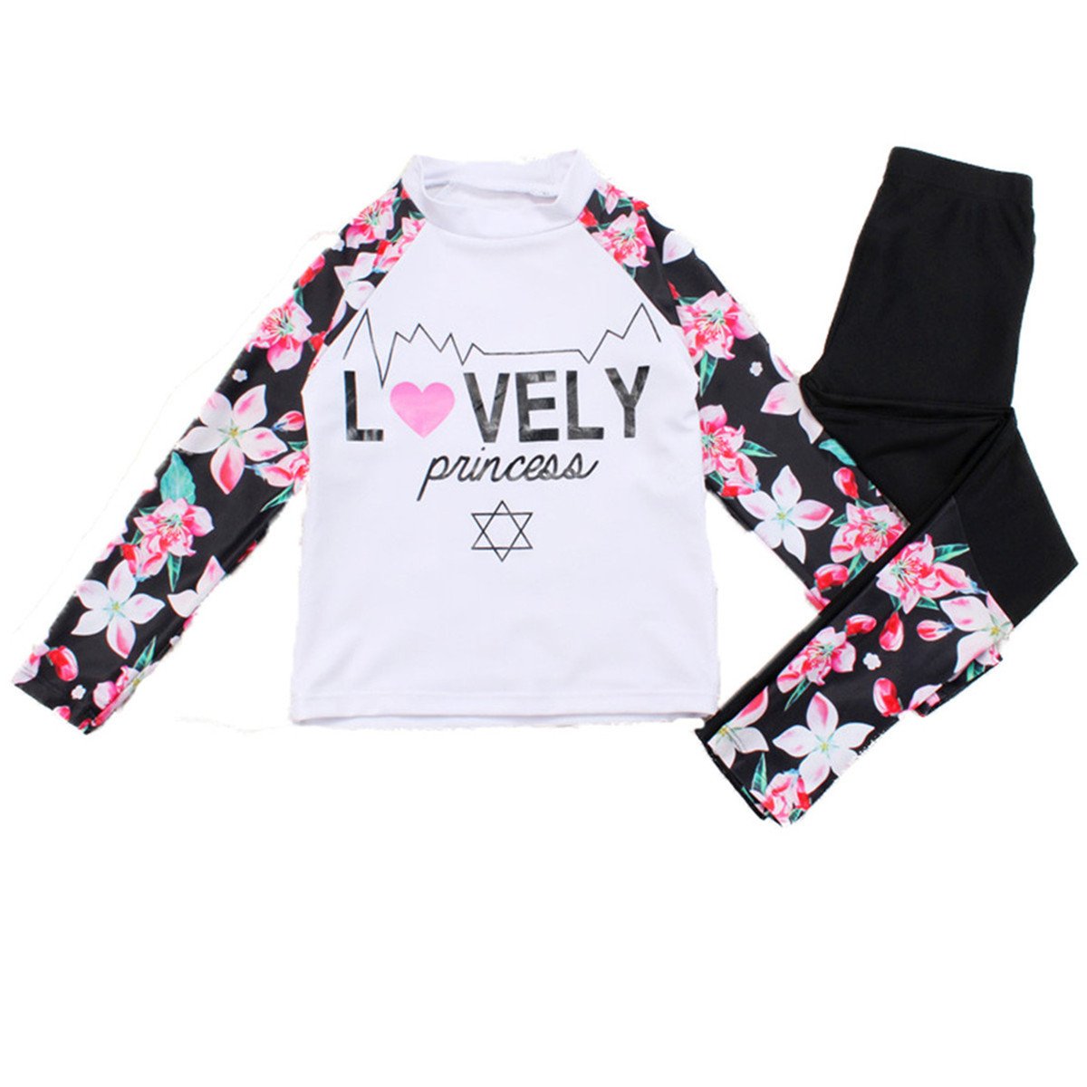 Baby Kids Girls Two Pieces Swimwear Long Sleeve Flower Print Full Body Sun Protection Rash Guard Swimsuit 5-6 Years