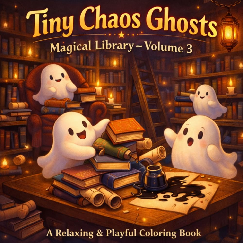 Tiny Chaos Ghosts: Magical Library: A Cozy & Relaxing Coloring Book with Cute Mischievous Ghosts (Tiny Chaos Ghosts — Cozy Chaos Coloring Series)