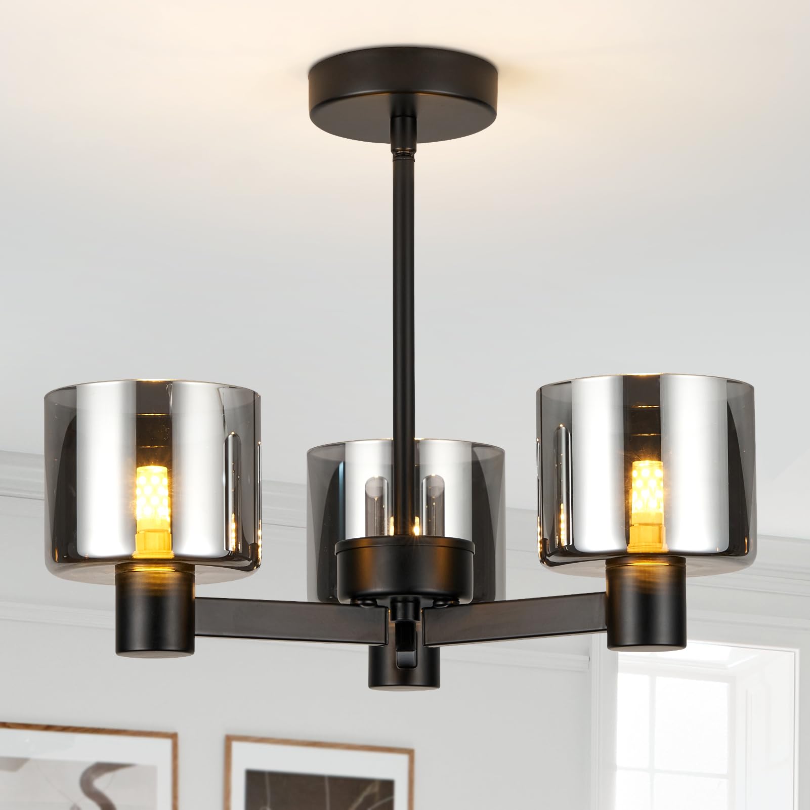 HARPER LIVING 3 Lights Chandeliers Ceiling Light, Matt Black Finish Semi Flush Ceiling Lamp with Smoked Glass Shades, 3xG9 Modern Ceiling Lighting for Living Room Bedroom Kitchen Hallway