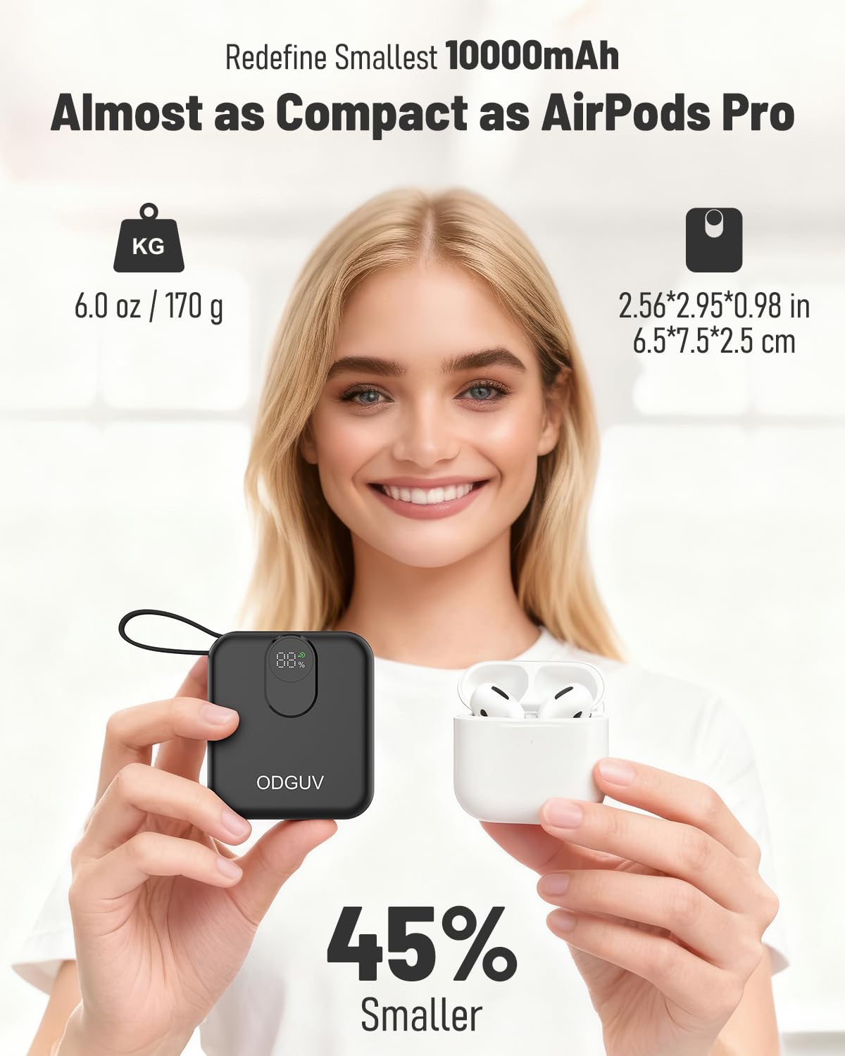 Cargador portátil pequeño con cables integrados, banco de energía de carga rápida de 22.5 W, mini batería USB-C de 10000 mAh, batería externa esencial de viaje para iPhone, Samsung, Android