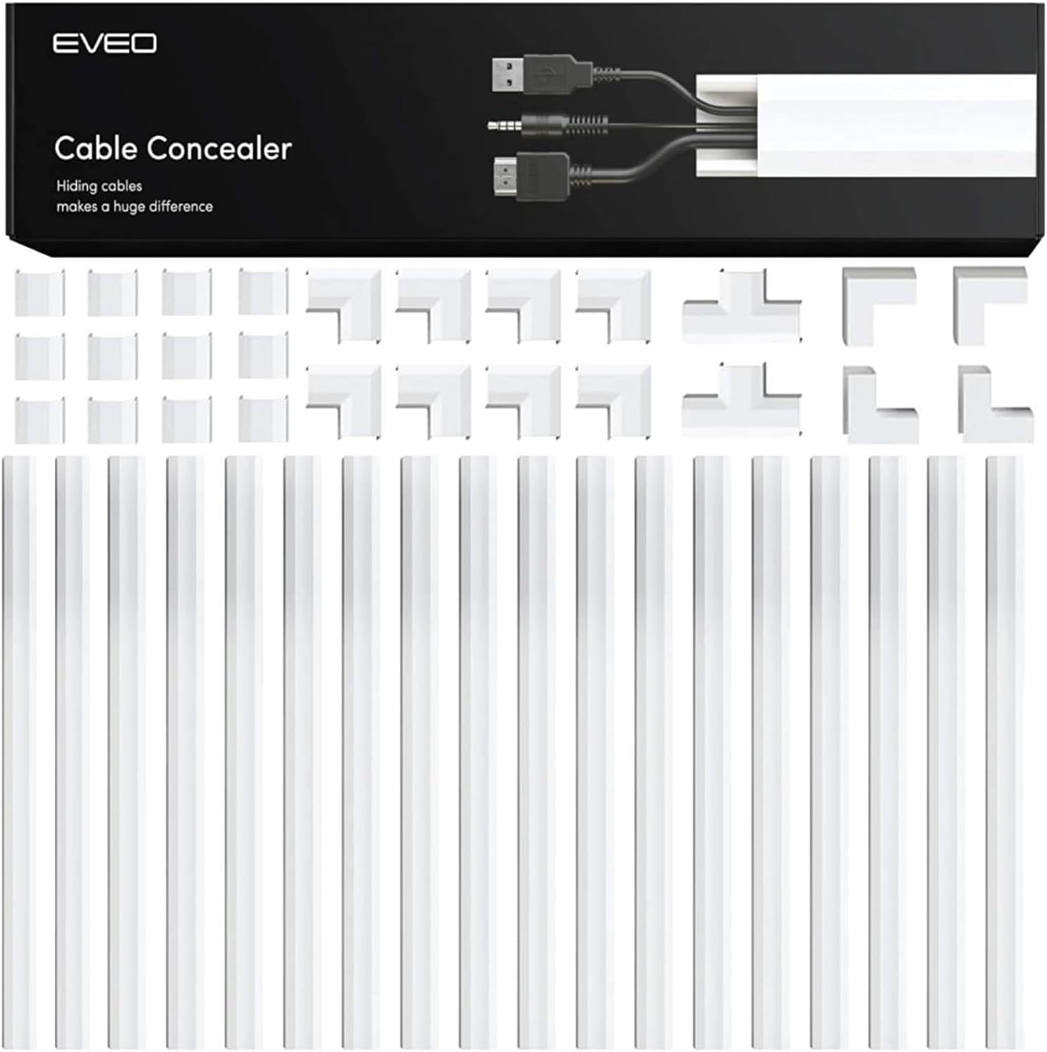 EVEO Cable Hider Wall 306” - Cable Raceway Cord Hider - Wire Covers for Cords on Wall, Cord Cover, Wall Cable Hider, Cable Concealer, Wire Hiders for TV on Wall Management-20X (L16 W0.95 H0.5) - White