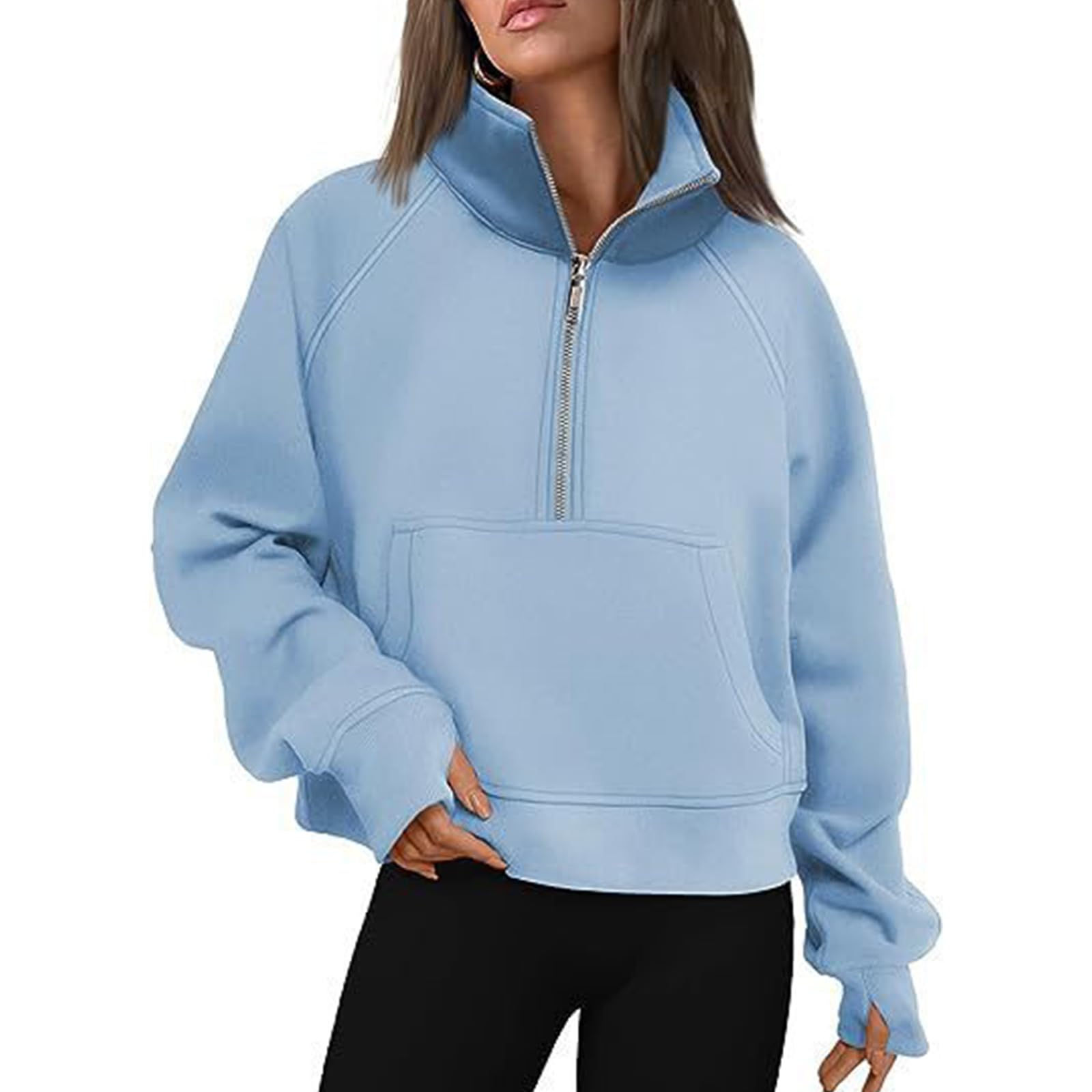 RZDYSQ Womens Zip Up Hoodies with Thumb Hole Fleece Womens Hooded Pullover Sweatshirts Half Zipper Crop Long Sleeve Tops (Light Blue,Medium)