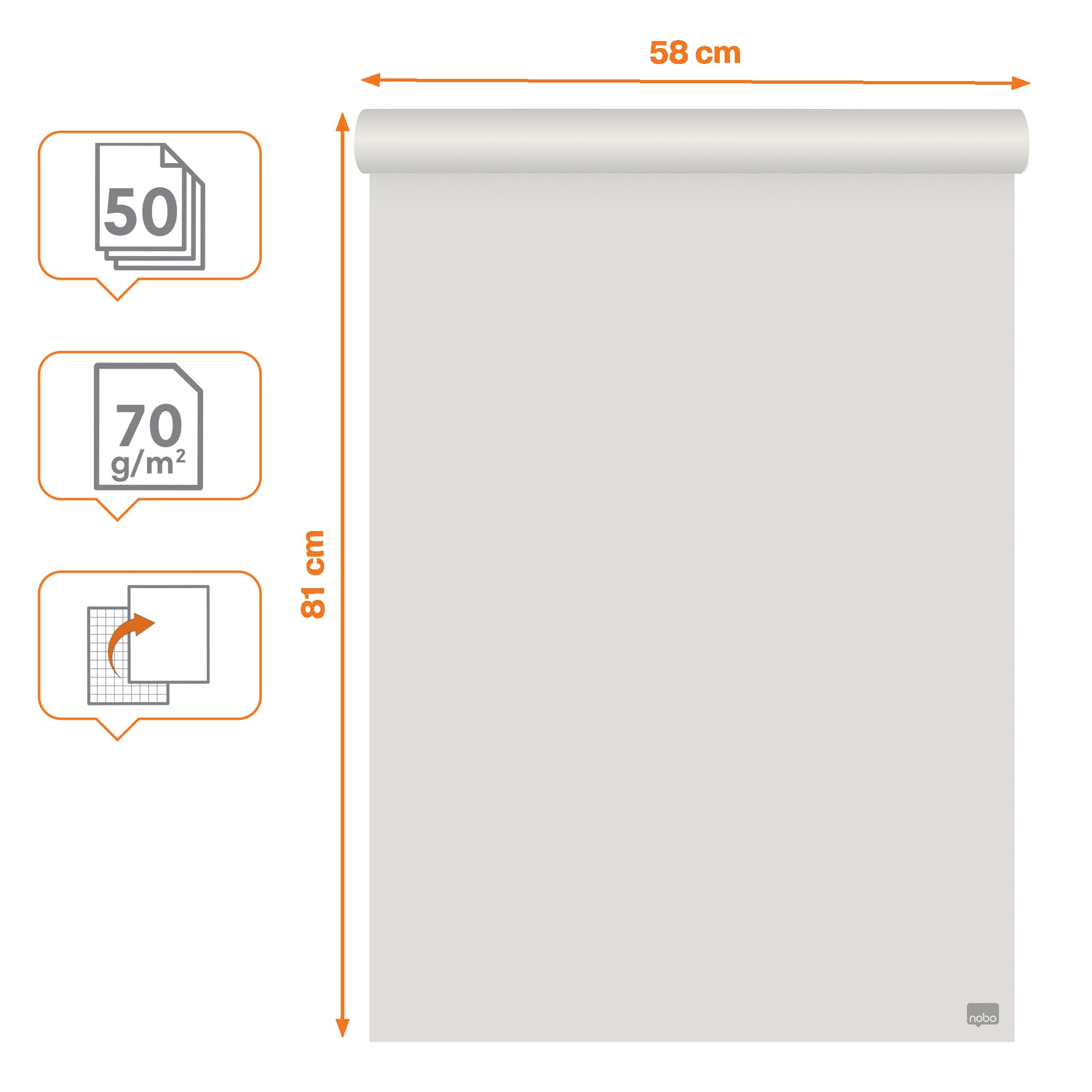 Nobo, Blok Nobo Recycled do Flipcharta, 58 × 81cm, Papier Dwustronny Gładki/w Kratkę, 50 Kartek o Gramaturze 70 g/m², 1 Rolka (1915659)
