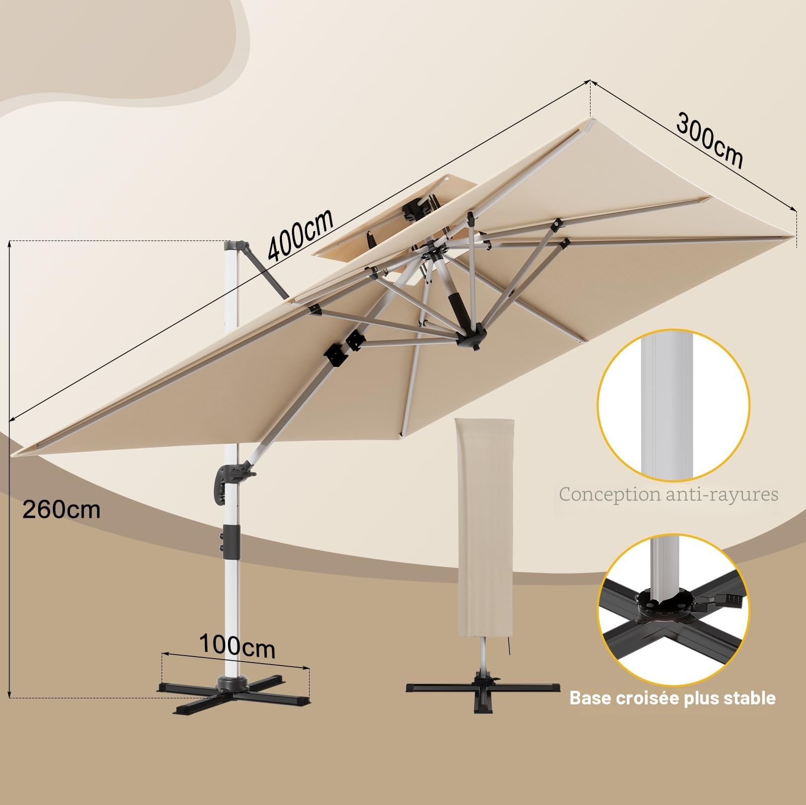 Devoko Parasol Déporté Carré, Canopée Monocouche Parasol de Jardin Extérieur en Aluminium Inclinable Toile Protection UV50+ avec Housse de Protection pour Balcon Patio Terrasse