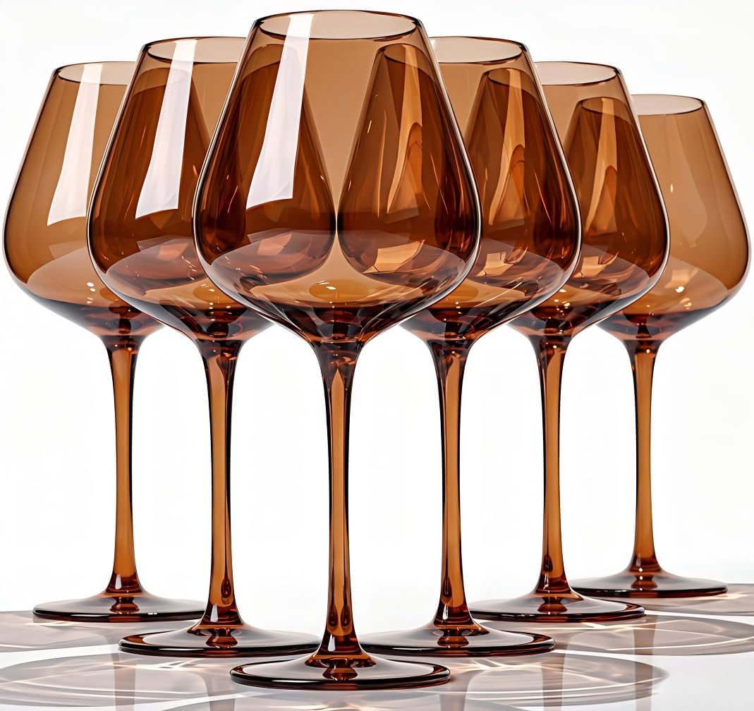 Physkoa Venus Wine Glasses Set of 6-18oz Hand Blown Amber Wine Glass with Stem, Unique Melanin Colored Wine Glasses, Mocha Mousse-Inspired Colors Glassware for Home Decor & Gifts