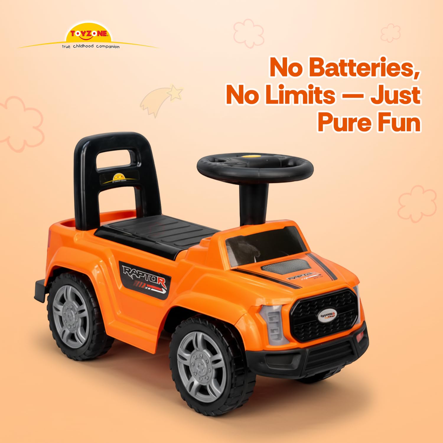 Toy Zone Raptor Baby Ride on Car for Kids, Toddlers Push Ride Baby Kids Car with Backrest, Push Ride on Toy Jeep with Music & LED Light, Under Seat Storage, 2 to 5 Years (Orange)