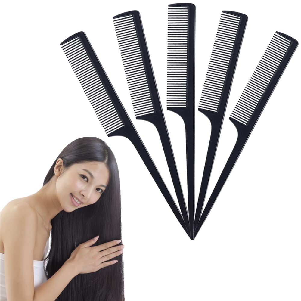 5 PCS Professional Rat Tail Combs - Fine Tooth, Black, Long Handled, Heat Resistant, Styling Comb for Men, Women, Salon, Home Use