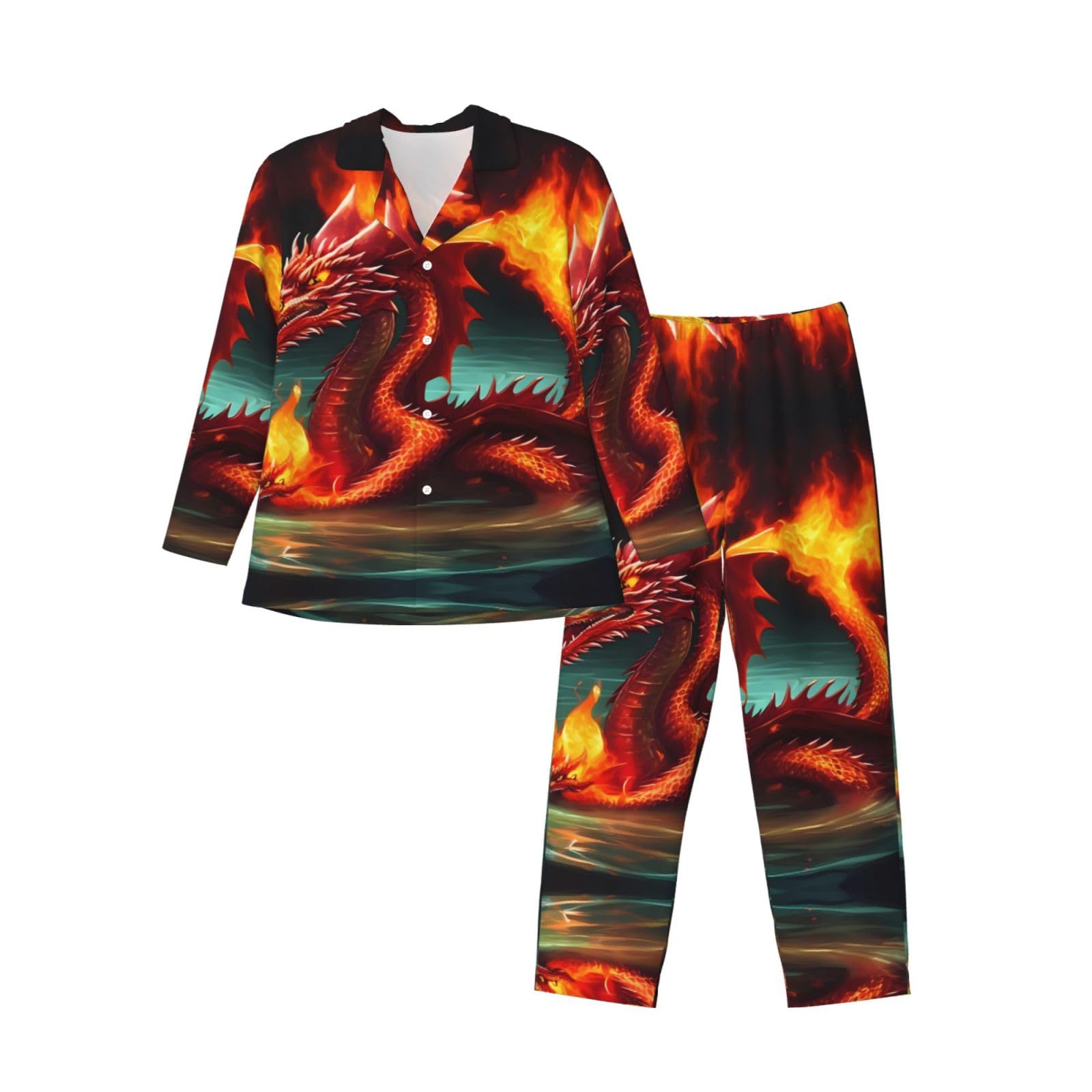 ZHAOUR M Men's Long-Sleeved Pajama Set - Soft Silky Dragon King in Fire Print Sleepwear, Loose Home Clothes, Breathable Jogger Black