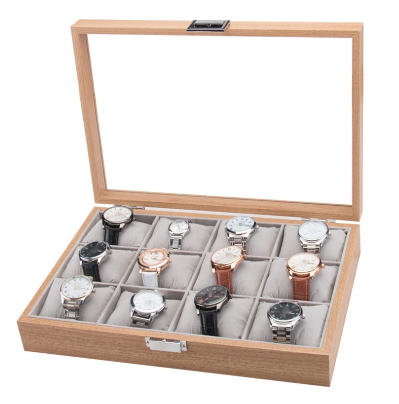 Estuche Relojes Organizador De Almacenamiento Exhibición Relojes Caja Reloj Lujo Simple con 12 Ranuras Madera Moderna Parte Superior Transparente Organizador